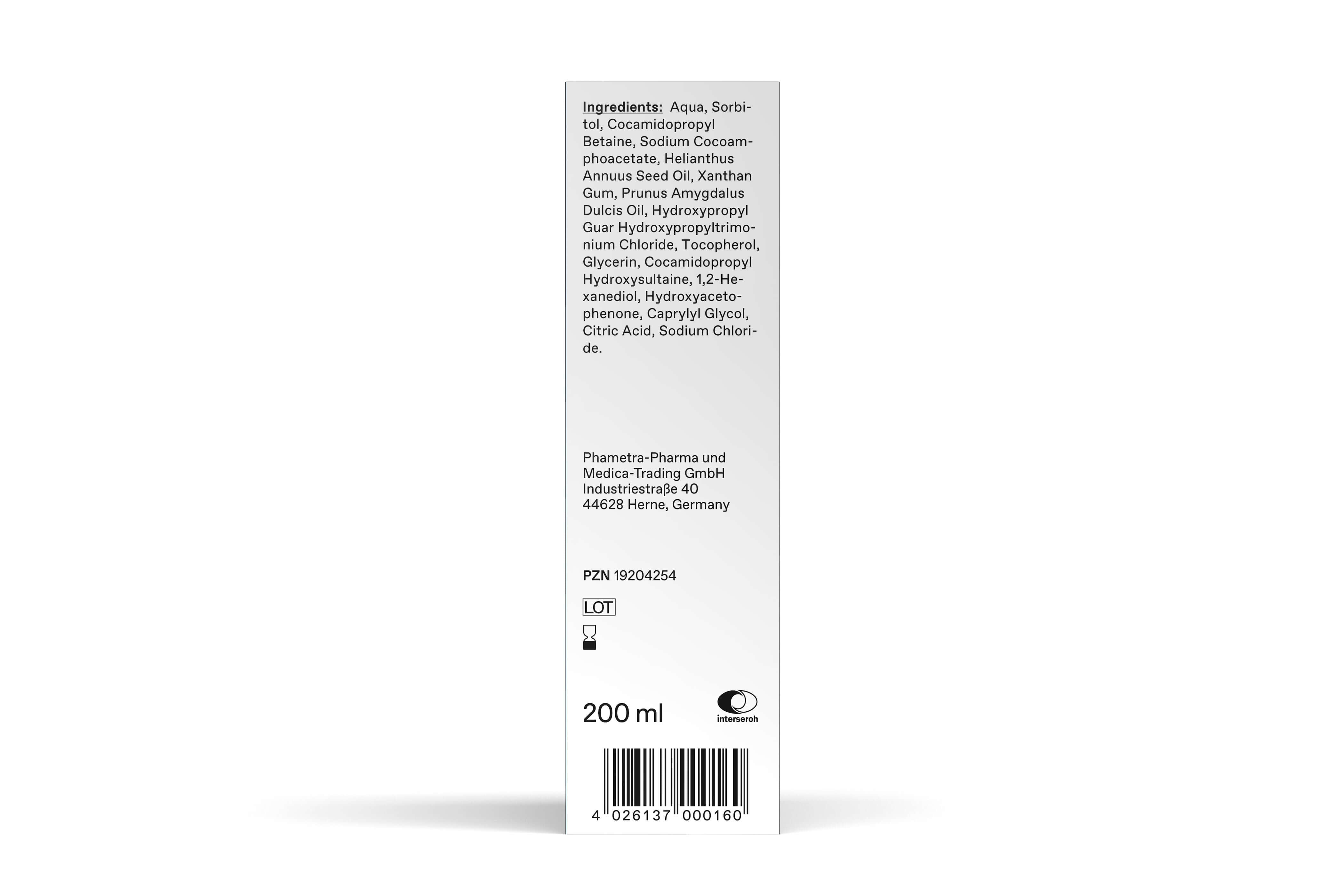 Die weiße Rückseite der Umverpackung von GLTZN clean Med Waschgel steht vor weißem Hintergrund